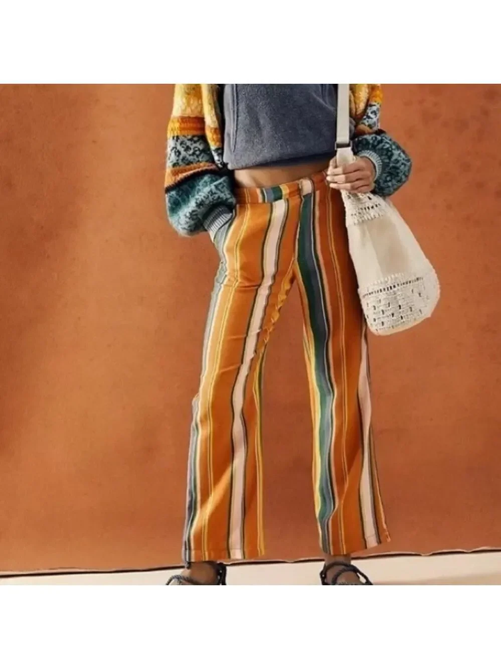 Free People Anthropologie Women’s Boho Striped Pants Orange Green Pink Blue 4